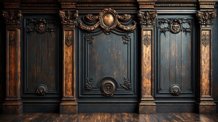 Poster - Dark walnut wooden panelled wall background with intricate carvings and deep rich tones evoking a sense of elegance and tradition perfect for a vintage or classic room setting
