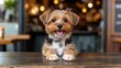 © familymedia - A cheerful Terrier dog is sitting on a cafe table, its tongue out and eyes bright, exuding happiness and a sense of joy in a lively, bustling setting.