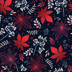 Wall Mural - Seamless pattern with leaves and berries for greeting cards, wrapping papers. Seamless winter pattern. Vector illustration.