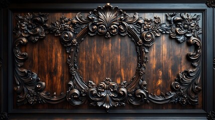 Poster - Dark walnut wooden panelled wall background with intricate carvings and deep rich tones evoking a sense of elegance and tradition perfect for a vintage or classic room setting