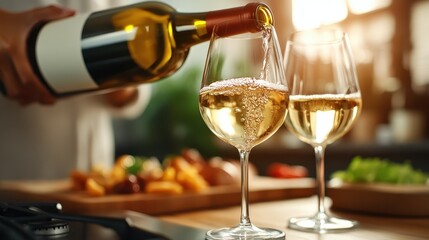 Two glasses of white wine are being poured during a casual dining experience, capturing the essence of relaxation and leisure in a cozy setting.