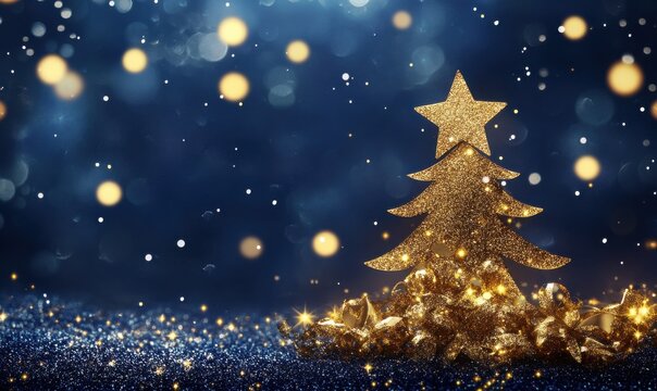 Golden Christmas Tree In Abstract Night