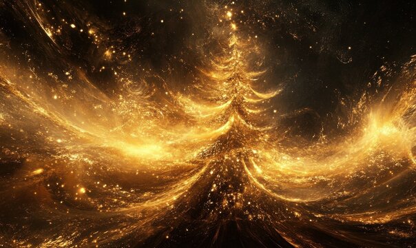 Golden Christmas Tree In Abstract Night