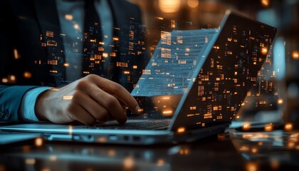 Poster - Businessman managing digital documents with a laptop, surrounded by graphic elements, 3D rendering, modern and professional design, techinspired visuals