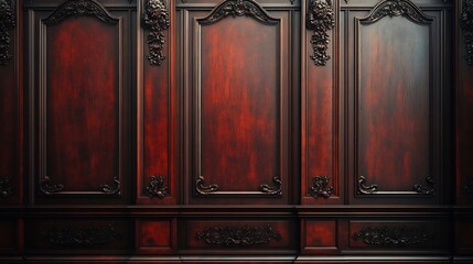 Poster - Deep mahogany panelled wall background with intricate moulding and rich tones offering a sense of luxury and grandeur for traditional classic or Victorianstyle spaces