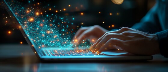 Poster - Businessman using a laptop to manage digital documents, graphic elements showcasing data management, 3D rendering, sleek and contemporary visuals