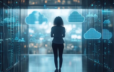 Leinwandbilder - Businesswoman in a cloud system managing digital documents, 3D rendering, techinspired design, modern office setting, efficient organizational layout