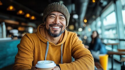 A cheerful man in a cozy knit hat and sweater enjoys a steaming cup of coffee in a warmly-lit cafe, exuding warmth and relaxation among bustling interiors.