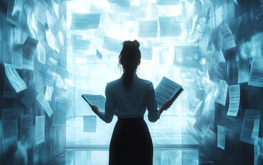 Businesswoman managing digital documents in a cloud system concept, 3D rendering, modern and professional design, hightech visuals, organized workspace