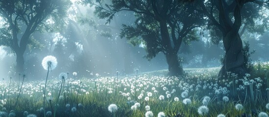 Poster - Early Morning Forest Hiding In The Fog Dandelion