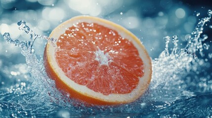 Aufkleber - Grapefruit slice surrounded by splashes of water Fresh juicy tropical citrus fruit