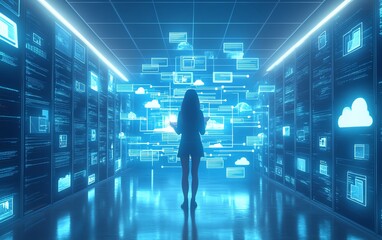 Leinwandbilder - Businesswoman managing digital documents in a cloud system concept, 3D rendering, modern and professional design, hightech visuals, organized workspace