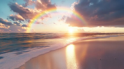 Poster - Tranquil Beach Sunset Featuring a Rainbow