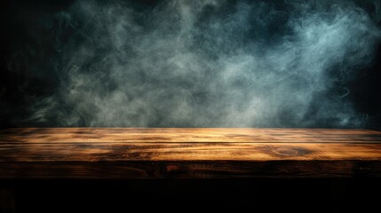 Poster - Empty wooden table with smoke rising against a dark backdrop