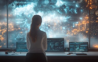 Leinwandbilder - Businesswoman managing digital documents in a cloud system concept, 3D rendering, modern and professional design, hightech visuals, organized workspace