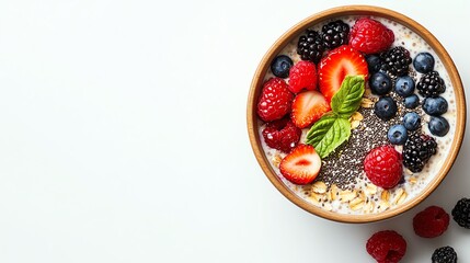 a bowl of overnight oats topped with chia seeds and fresh berries, placed on a bright white backgrou