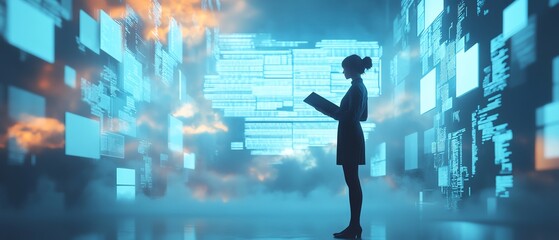 Fototapete - Cloud system concept showcasing a businesswoman managing documents, 3D rendering, sleek and contemporary design, hightech organizational layout