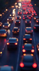 Nighttime traffic jam on a busy highway, with blurred headlights and taillights creating a mesmerizing pattern of red and white streaks against the dark road.