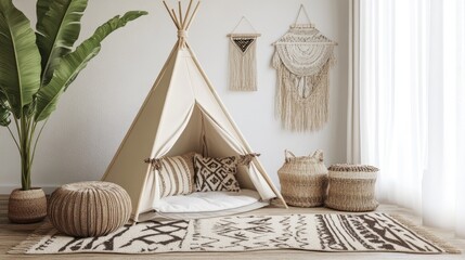 Poster - Boho Chic Teepee with Cushions in a Stylish Neutral Home Interior Decor Setting