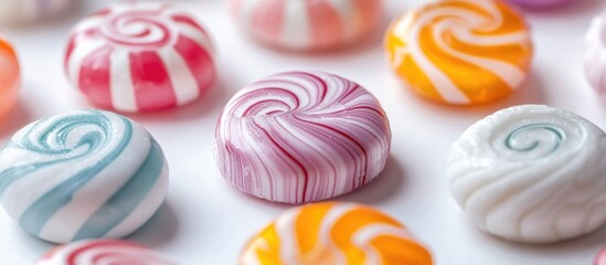Poster - Close Up Perspective Abstract Layout Bonbon Candy At White For Background Backdrop Wallpaper Etc