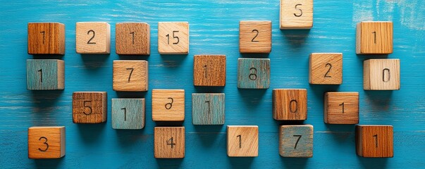 Poster - Creative arrangement of wooden blocks depicting 2025, set against a blue background, 3D rendering, contemporary design, engaging visuals