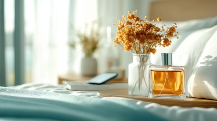 This image depicts a cozy bedroom with natural light, featuring soft textures and decor elements that include a perfume bottle and dried flower arrangement on the bed.