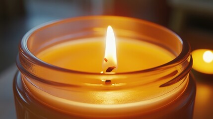 Poster - Close up of a transparent candle jar mockup featuring a lit container candle inside