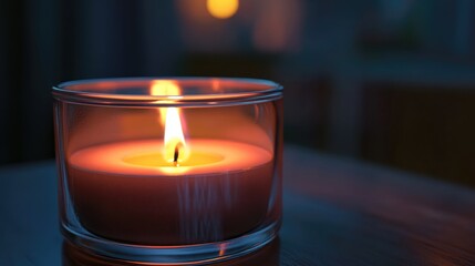Poster - Close up of a transparent candle jar mockup featuring a lit container candle inside