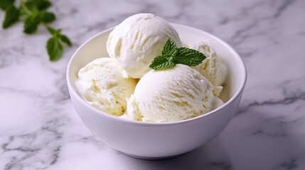 Poster - Creamy vanilla ice cream served in a white bowl garnished with fresh mint against a marble backdrop