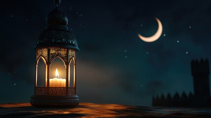 Poster - Arabic lantern illuminated by a burning candle set against a night sky featuring a waning crescent moon