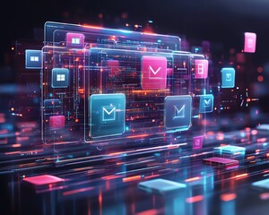 Aufkleber - Digital document management system concept with virtual interface, files in the background, 3D rendering, sleek and modern design, hightech visuals