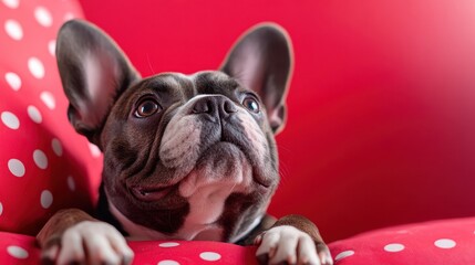 A charming French Bulldog puppy gazes upward with curiosity while sitting on a red polka dot chair, embodying playful innocence and captivating cuteness.