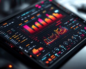 Leinwandbilder - Digital financial analysis interface showcasing interactive charts and graphs, 3D rendering, modern design, sleek aesthetics, hightech visuals