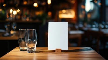 Poster - Blank menu mock up on a wooden table in a restaurant bar featuring a booklet stand with a white sheet