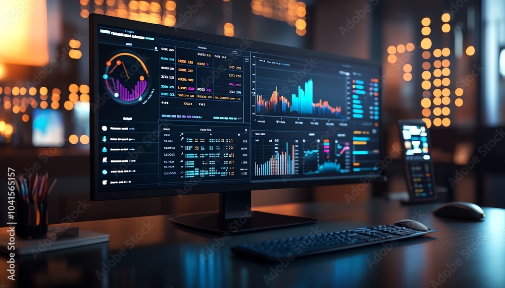 Interactive digital financial analysis dashboard displaying charts and ...