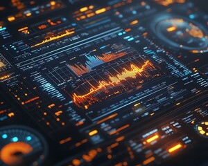 Poster - Financial analysis interface with various charts and graphs displayed, 3D rendering, clean and organized layout, contemporary digital design