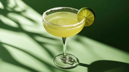 Poster - Margarita cocktail garnished with a lime slice set against a vibrant green backdrop