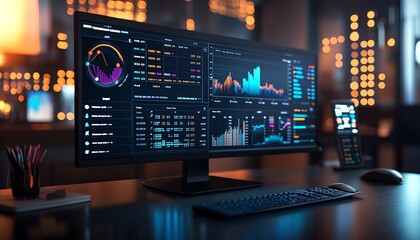 Poster - Interactive digital financial analysis dashboard displaying charts and graphs, 3D rendering, modern aesthetics, professional and efficient design