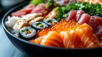 An exquisite sushi bowl with salmon and tuna slices, seaweed, rice, and roe, beautifully arranged for a gourmet experience that highlights freshness and artistry.