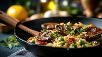 A skillet filled with cooked orzo pasta, mushrooms, and bright green peas garnished with fresh herbs, showcasing a delicious and wholesome homemade meal on a rustic table.