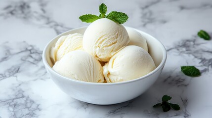 Poster - Creamy vanilla ice cream served in a white bowl garnished with fresh mint against a marble backdrop