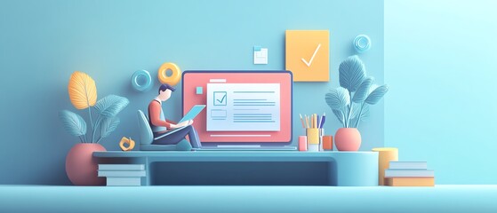 Poster - Modern digital workspace with a businessman managing documents on a laptop, graphic elements representing efficiency, 3D rendering, professional design