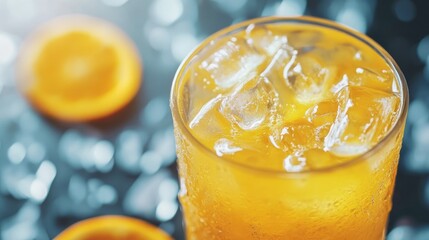 Poster - Freshly squeezed orange juice served over ice in a glass