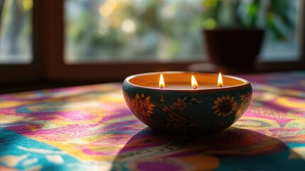 Aufkleber - Lit candles placed in a bowl on a vibrant tablecloth