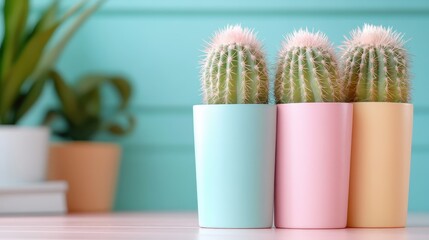 Three cacti sit together in stylish pastel-colored pots on a vibrant, colorful background. The arrangement evokes harmony, style, and a cheerful atmosphere.