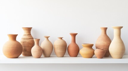 Poster - Assorted clay vases arranged on a shelf with a white backdrop