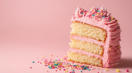 Poster - A slice of cake topped with pink frosting and colorful sprinkles on a soft pink background featuring ample copy space