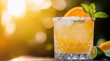 Poster - Refreshing margarita cocktail with tequila orange liqueur fresh lime juice and mint served in a crystal glass on a bright day