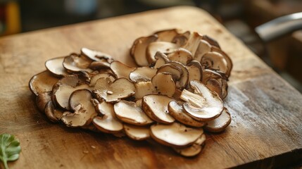 Poster - Sliced shiitake mushrooms arranged in a heart shape on a wooden cutting board