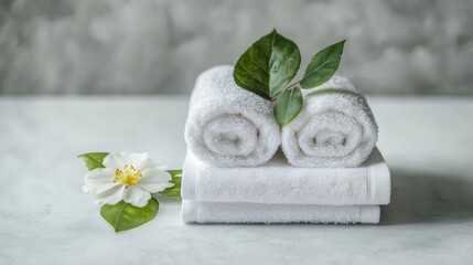 Aufkleber - Rolled white towels accompanied by a green leaf and flower set against an aesthetically pleasing light background embodying a theme of hospitality